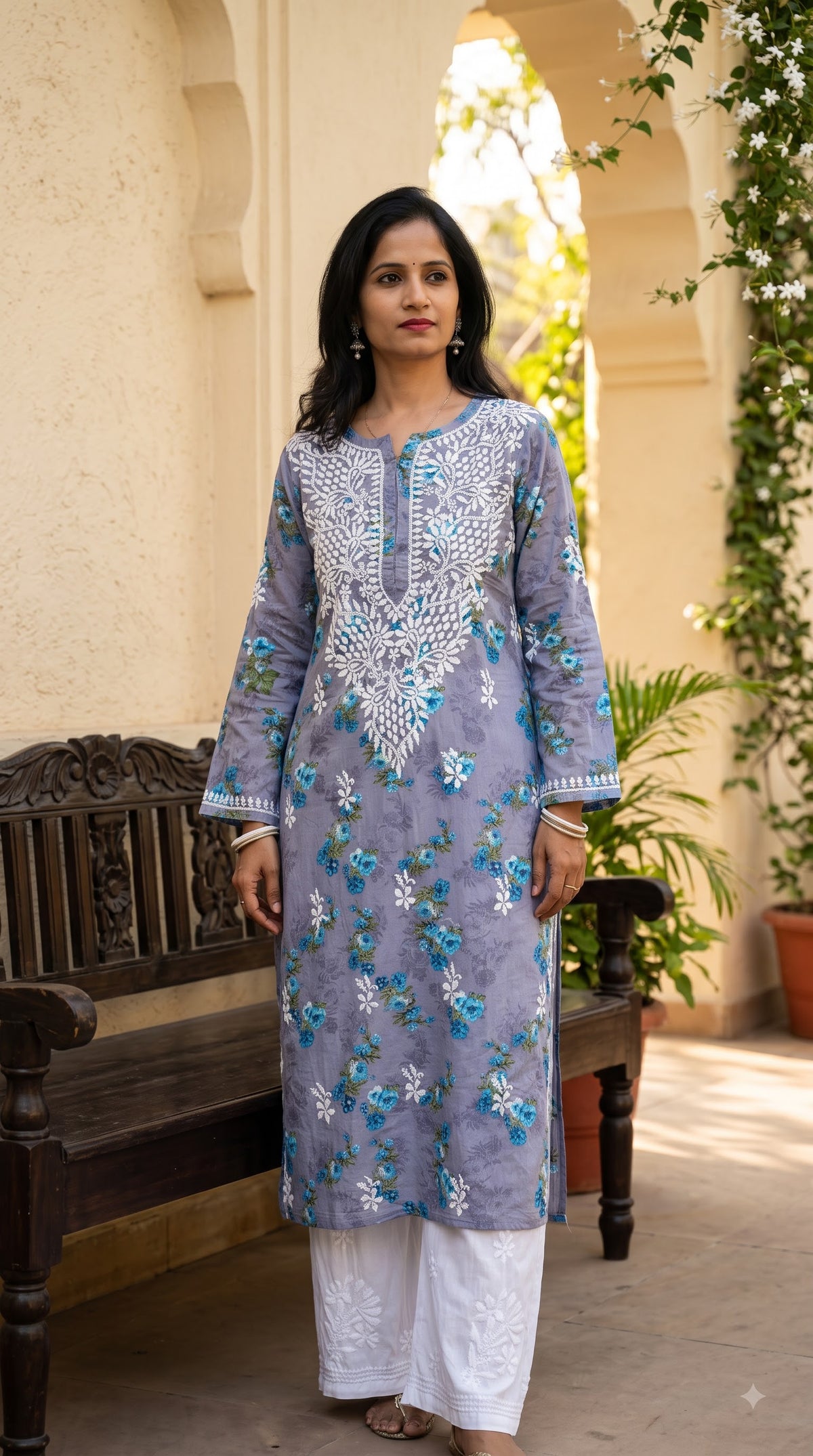 Mul Cotton Chikankari Printed Women's Long Kurta - Purple