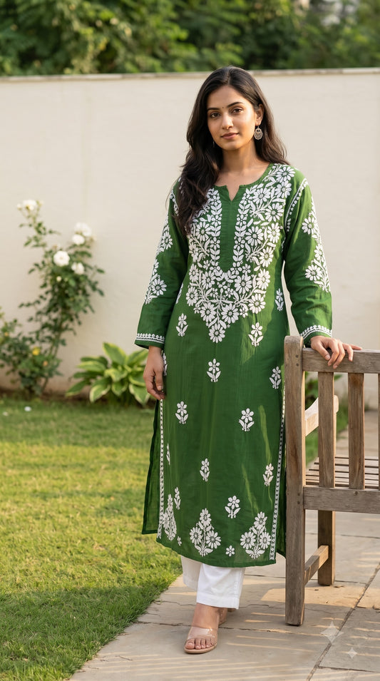 Modal 3D Chikankari Women's Long Kurta - Green