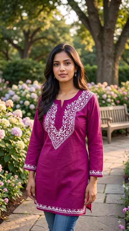 Cotton Chikankari Women's Short Kurta - Wine