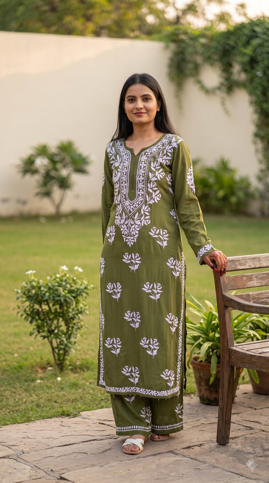Modal Chikankari Solid Women's 2PC Long Kurta Set- Green