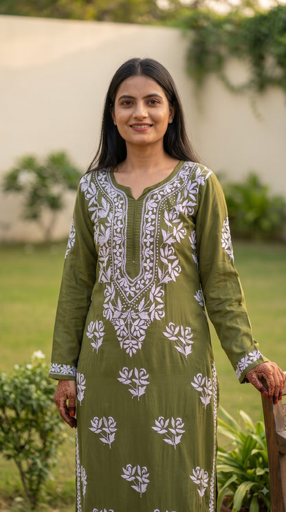 Modal Chikankari Solid Women's 2PC Long Kurta Set- Green
