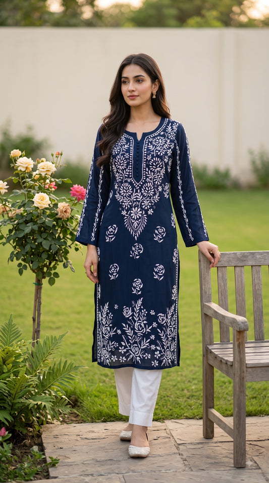 Modal Daman Long Chikankari Women's Kurta - Navi Blue