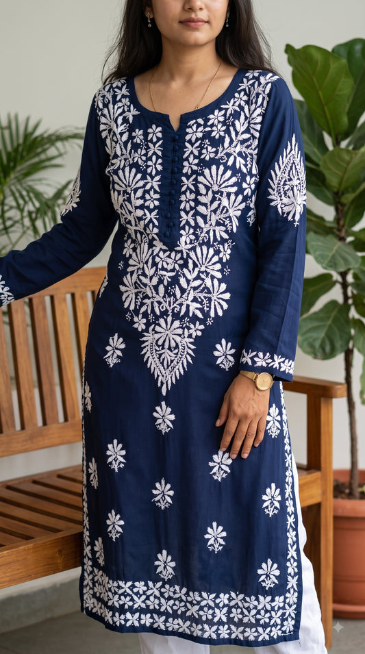 Modal Chikankari Women's Long Kurta - Navi Blue