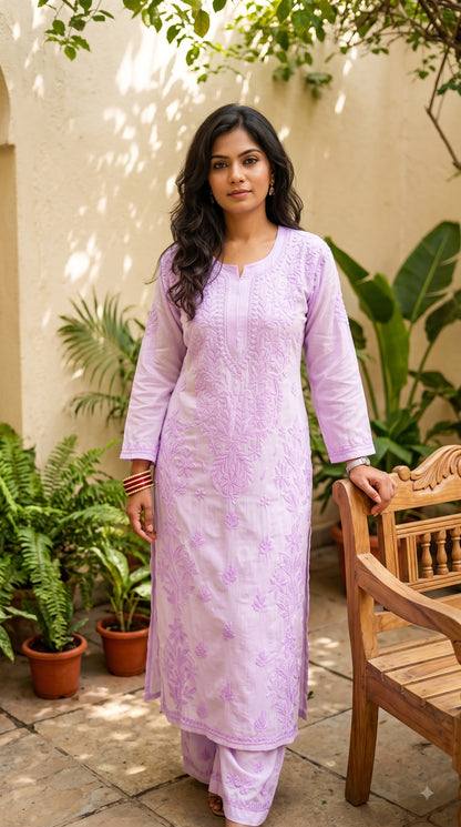 Modal 3D Chikankari  Long Kurta Set- Lavender