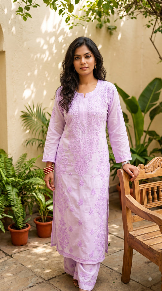 Modal 3D Chikankari  Long Kurta Set- Lavender