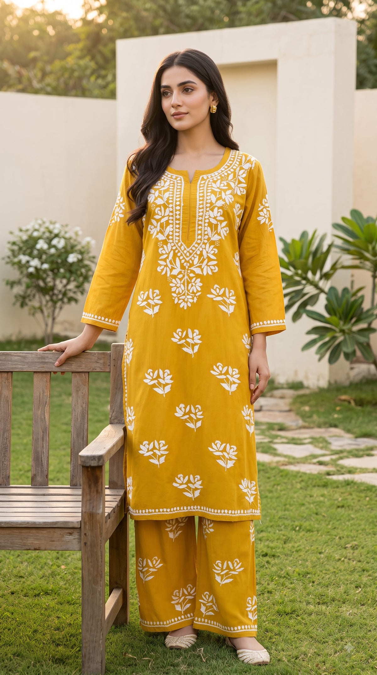 Modal Chikankari Solid Women's 2PC Long Kurta Set- Yellow