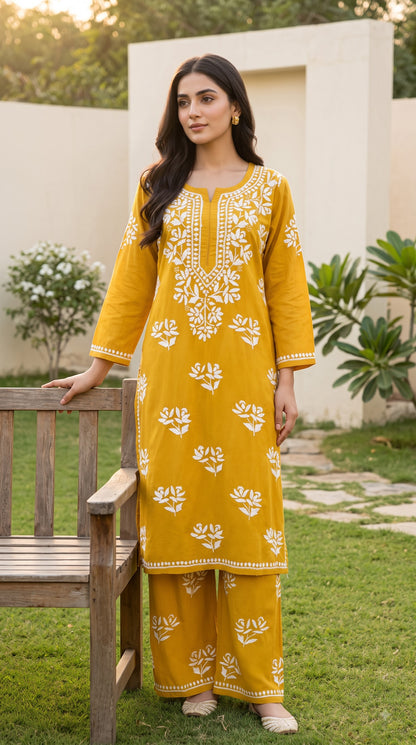 Modal Chikankari Solid Women's 2PC Long Kurta Set- Yellow
