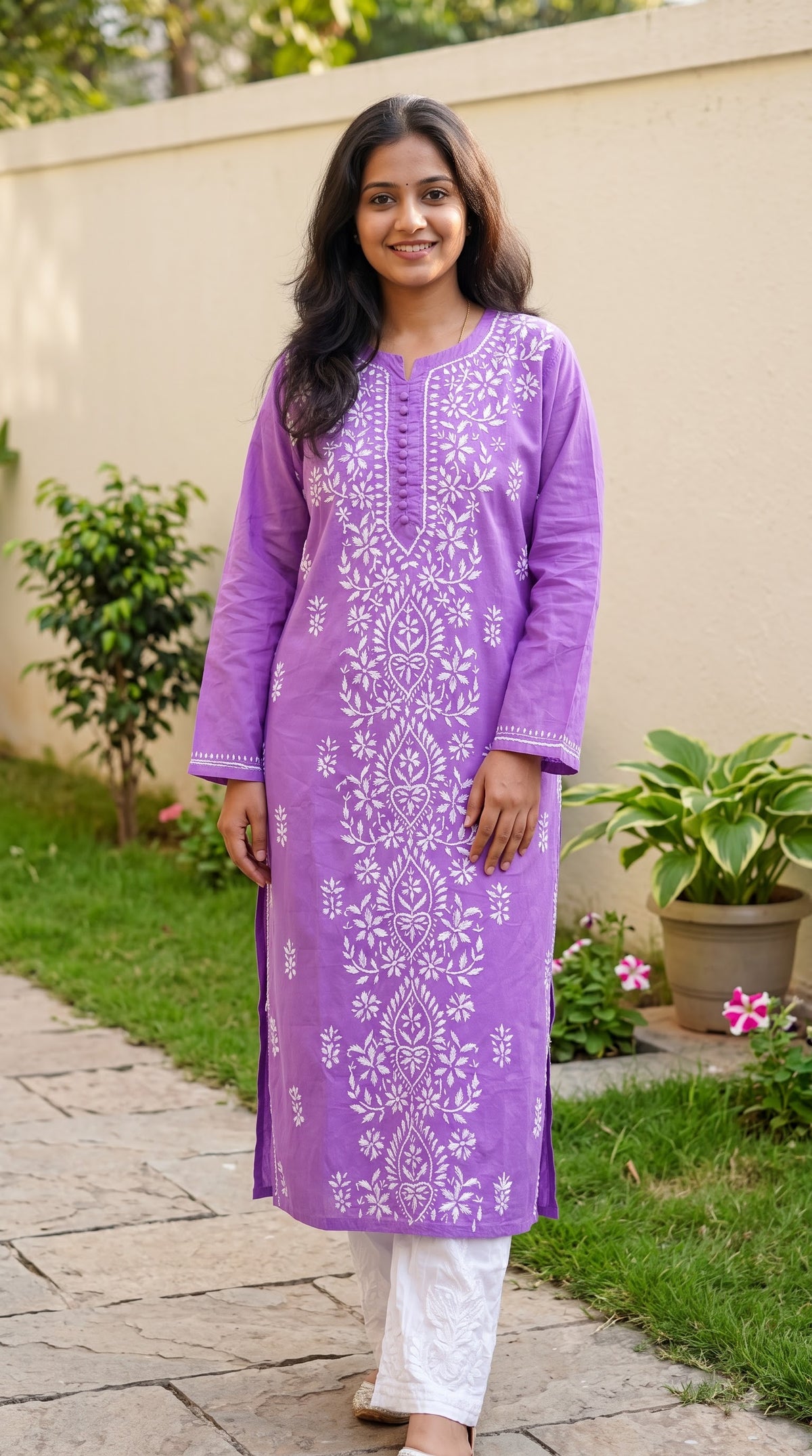 Cotton Chikankari Women's Long Kurta - Lavender