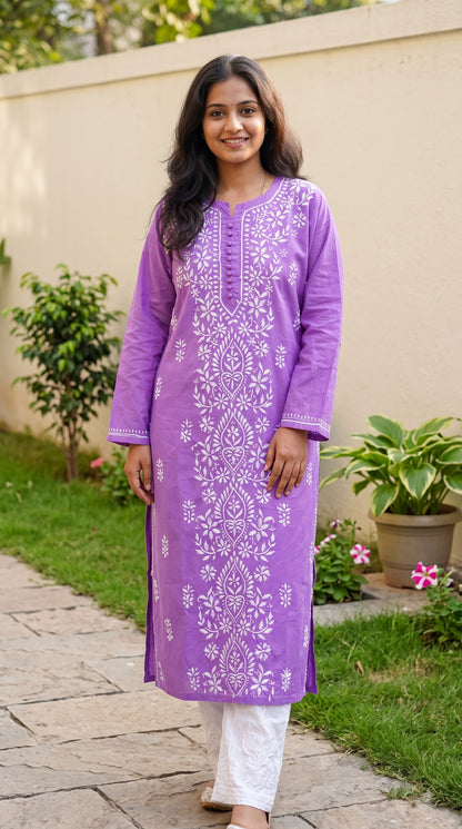 Cotton Chikankari Women's Long Kurta - Lavender
