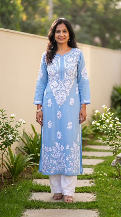 Modal Daman Chikankari Women's Long Kurta - Blue