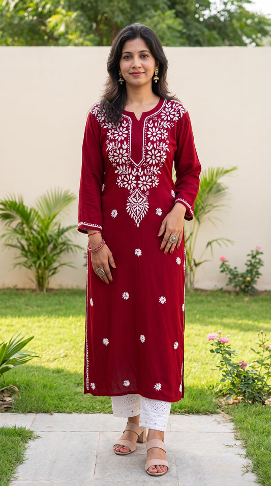 Modal Chikankari Women's Long Kurta - Maroon