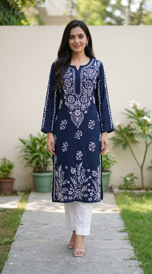 Modal Daman Long Chikankari Women's Kurta - Navi Blue
