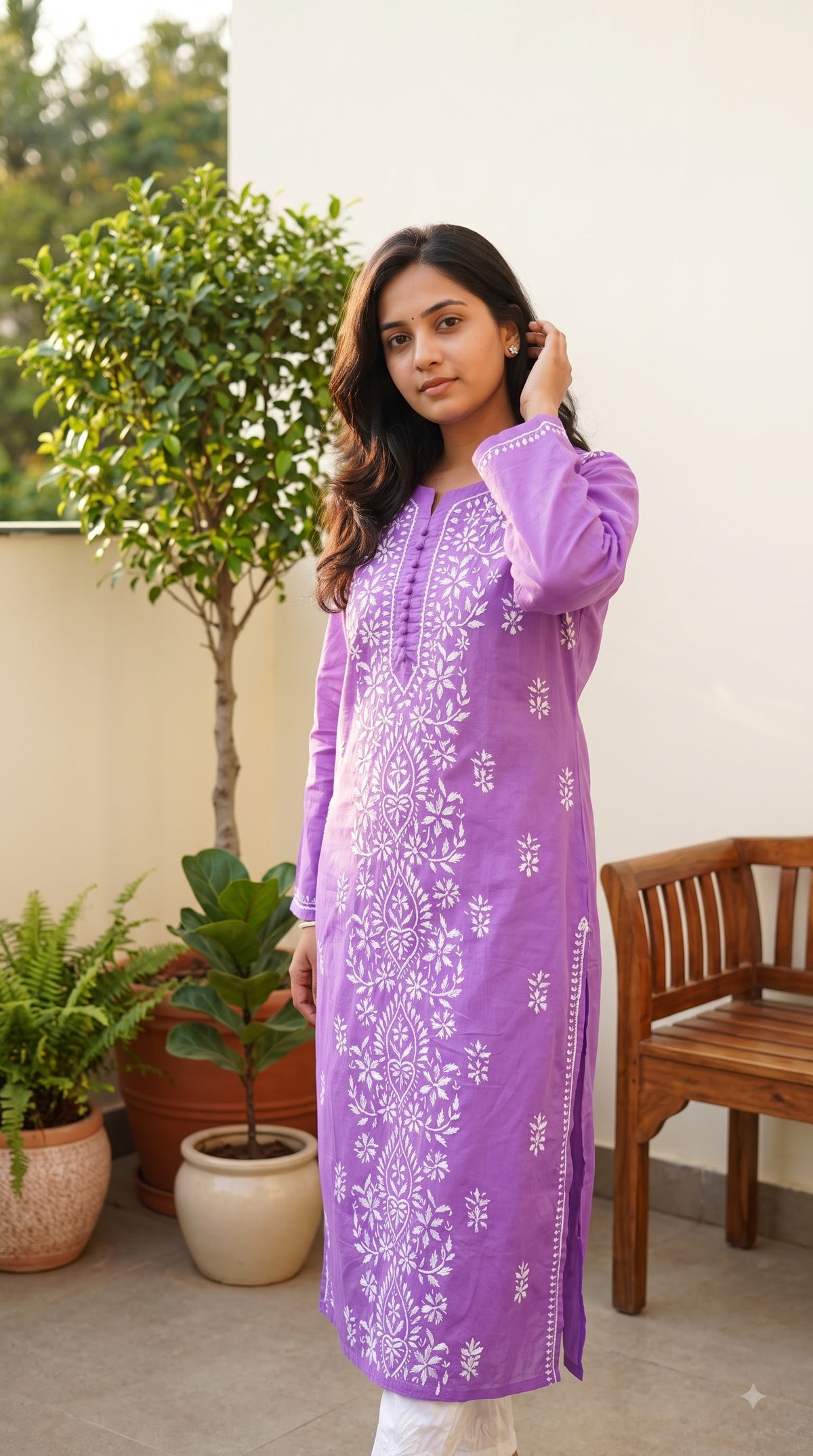 Cotton Chikankari Women's Long Kurta - Lavender