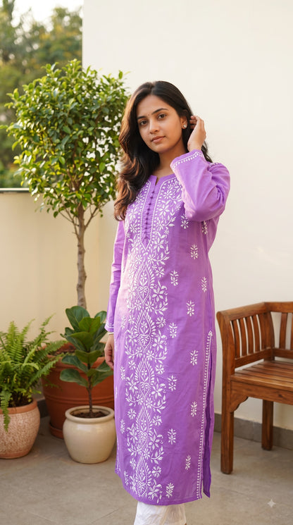 Cotton Chikankari Women's Long Kurta - Lavender