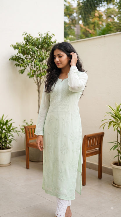 Viscose Heavy Chikankari Long Kurta- Ombre Green