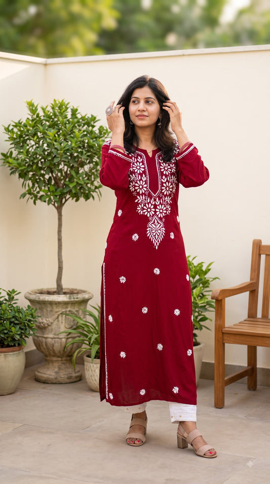 Modal Chikankari Women's Long Kurta - Maroon
