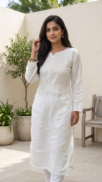 Muslin Chikankari Solid Women's Long Kurta - White
