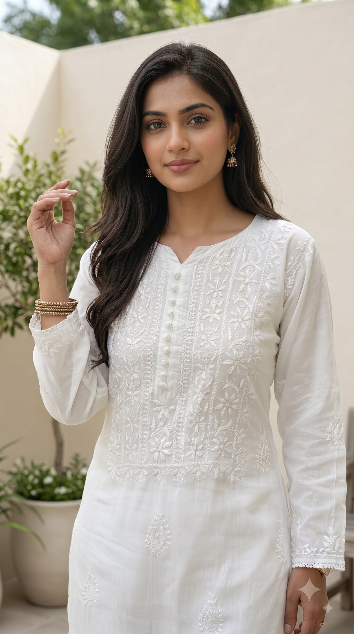 Muslin Chikankari Solid Women's Long Kurta - White