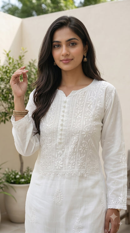 Muslin Chikankari Solid Women's Long Kurta - White