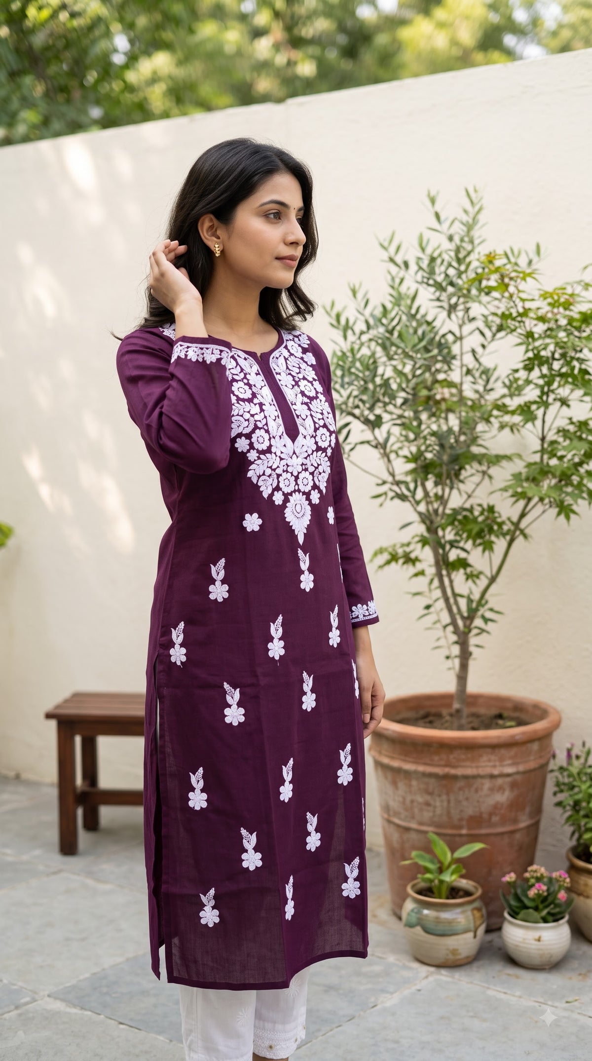 Cotton Chikankari Women's Long kurta - Wine