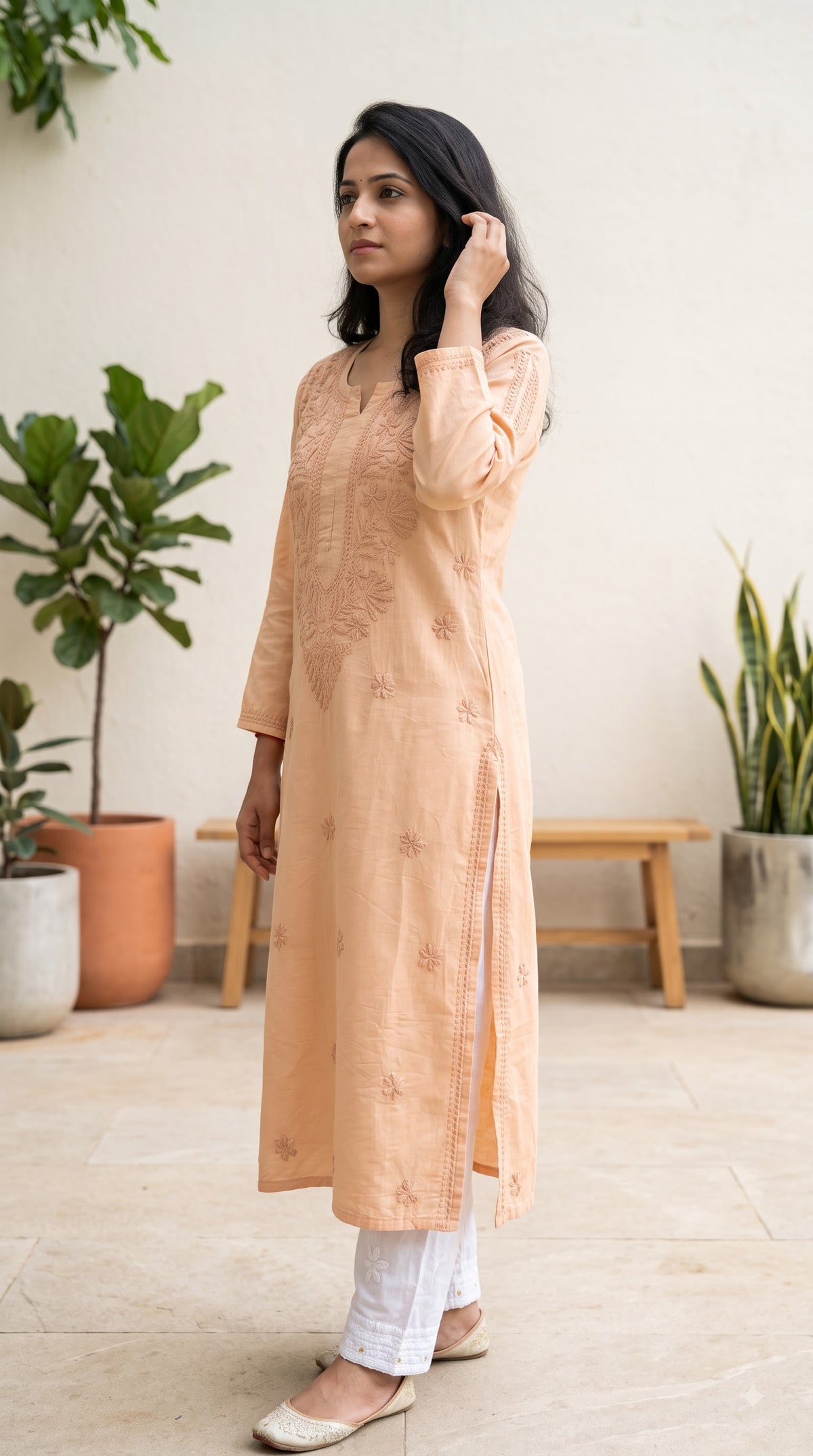 Chanderi Chikankari Solid Women's Long Kurta - Beige