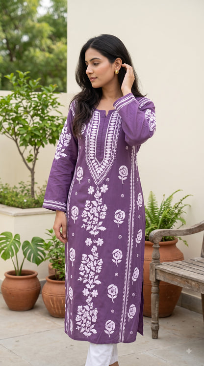 Rayon 3D Rose Chikankari Long Kurta - Purple