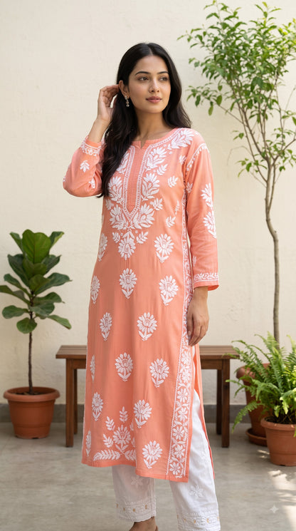 Rayon Chikankari 3D Long Kurta - Peach