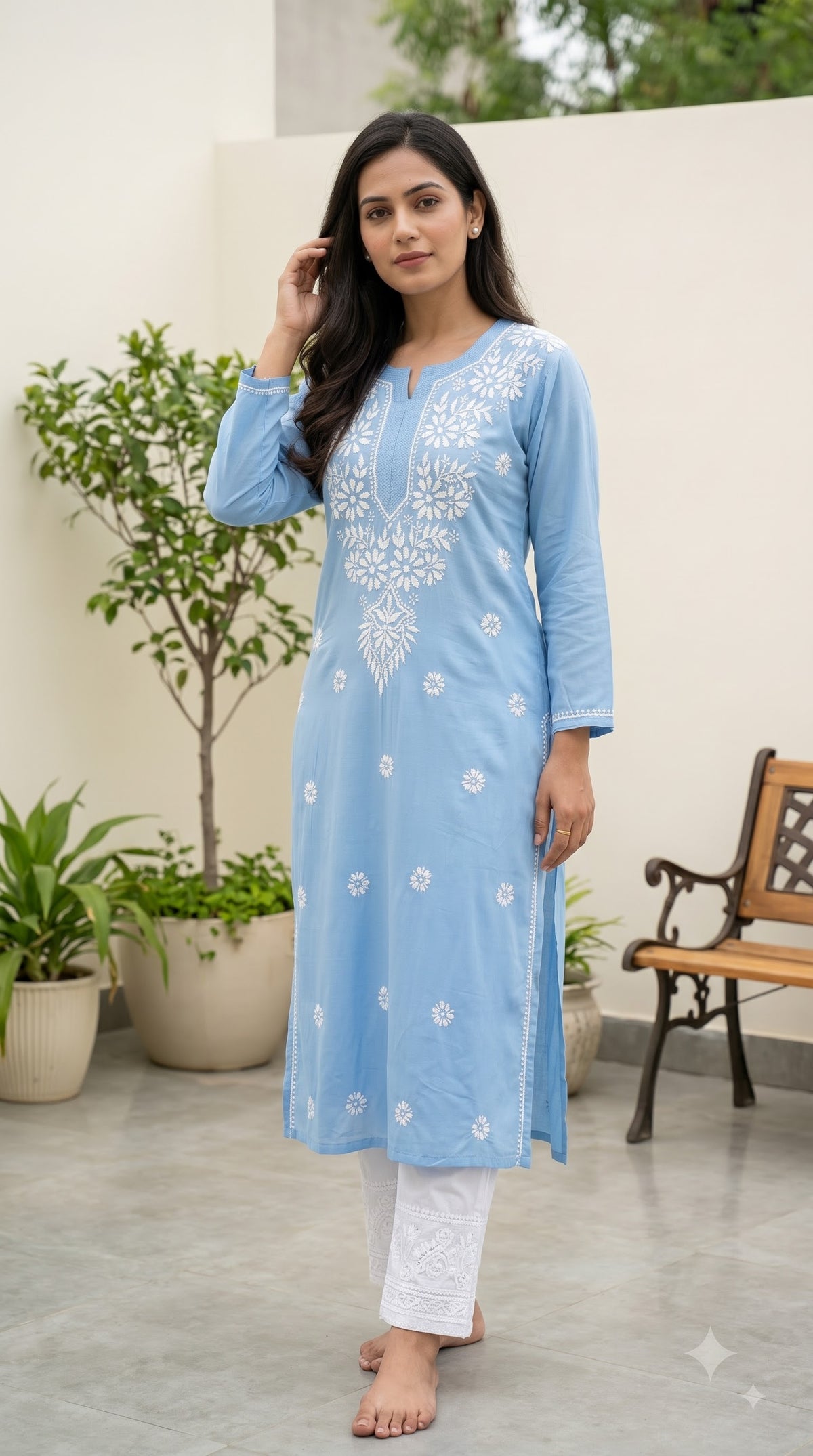 Modal Chikankari Women's Long Kurta - Blue