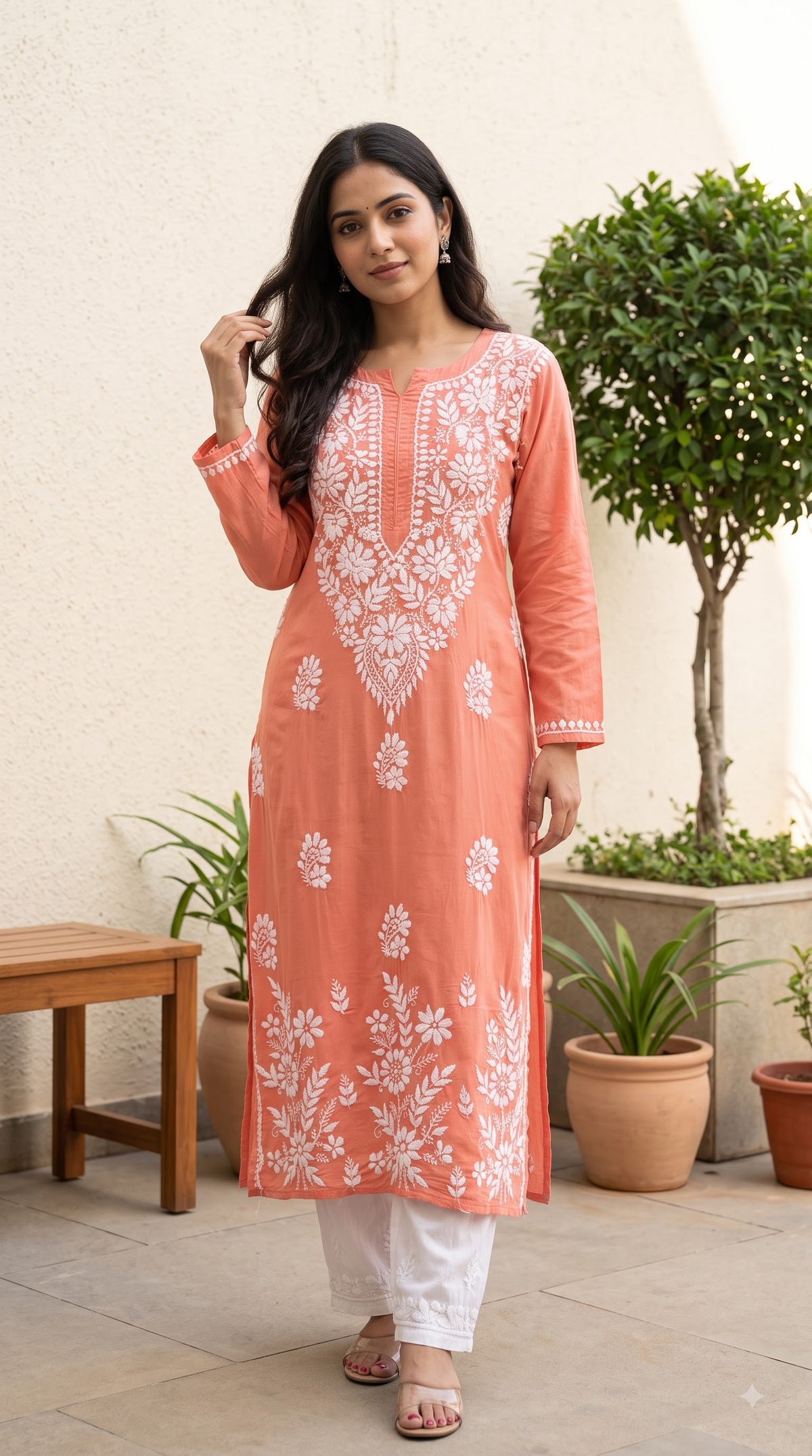 Modal Daman Chikankari Women's Long Kurta - Peach
