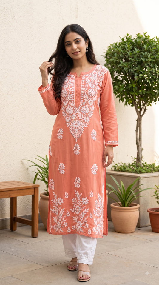 Modal Daman Chikankari Women's Long Kurta - Peach