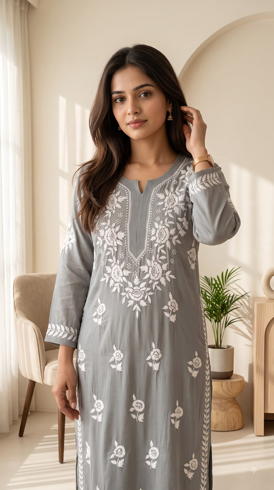 Modal Chikankari Women's Long Kurta - Grey