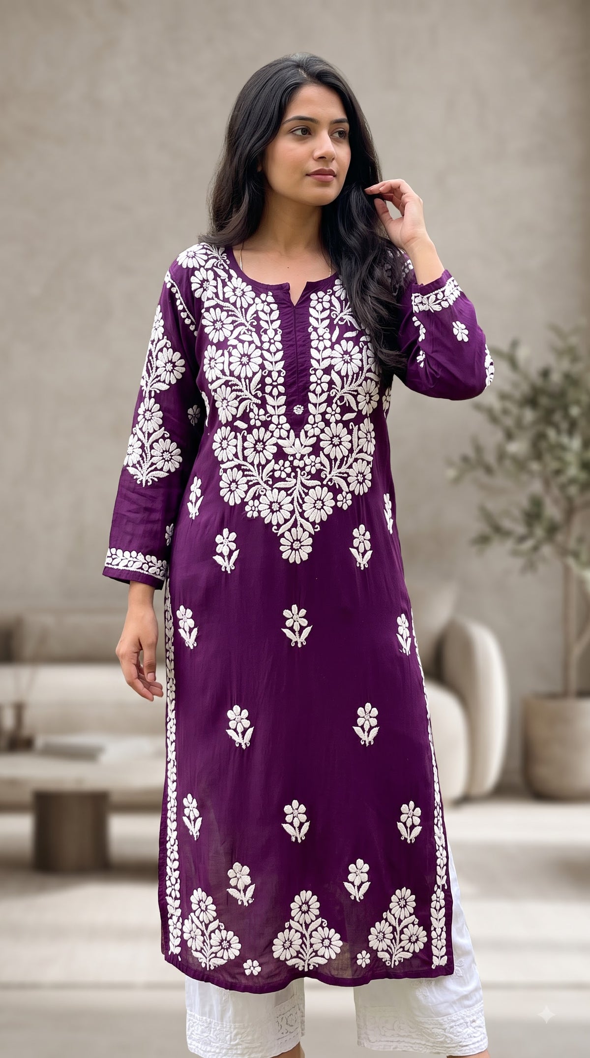 Modal 3D Chikankari Women's Long Kurta - Wine