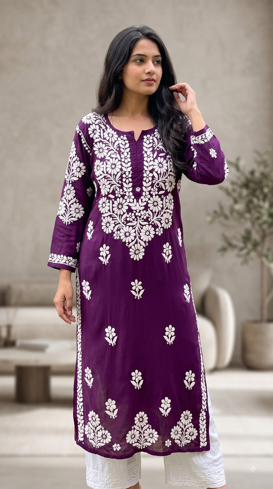 Modal 3D Chikankari Women's Long Kurta - Wine