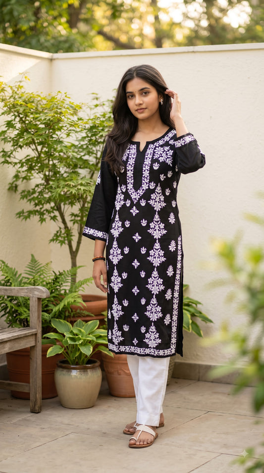 Black Modal Chikankari long kurta for women - full length view