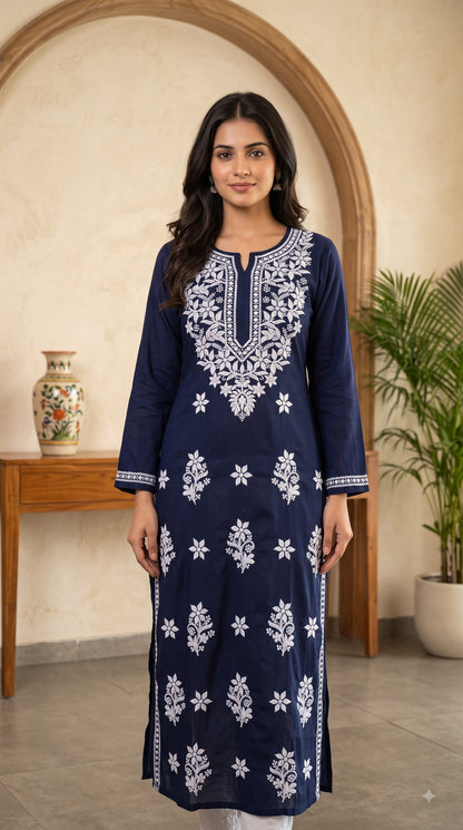 Rayon Chikankari Women's Long Kurta - Navi Blue