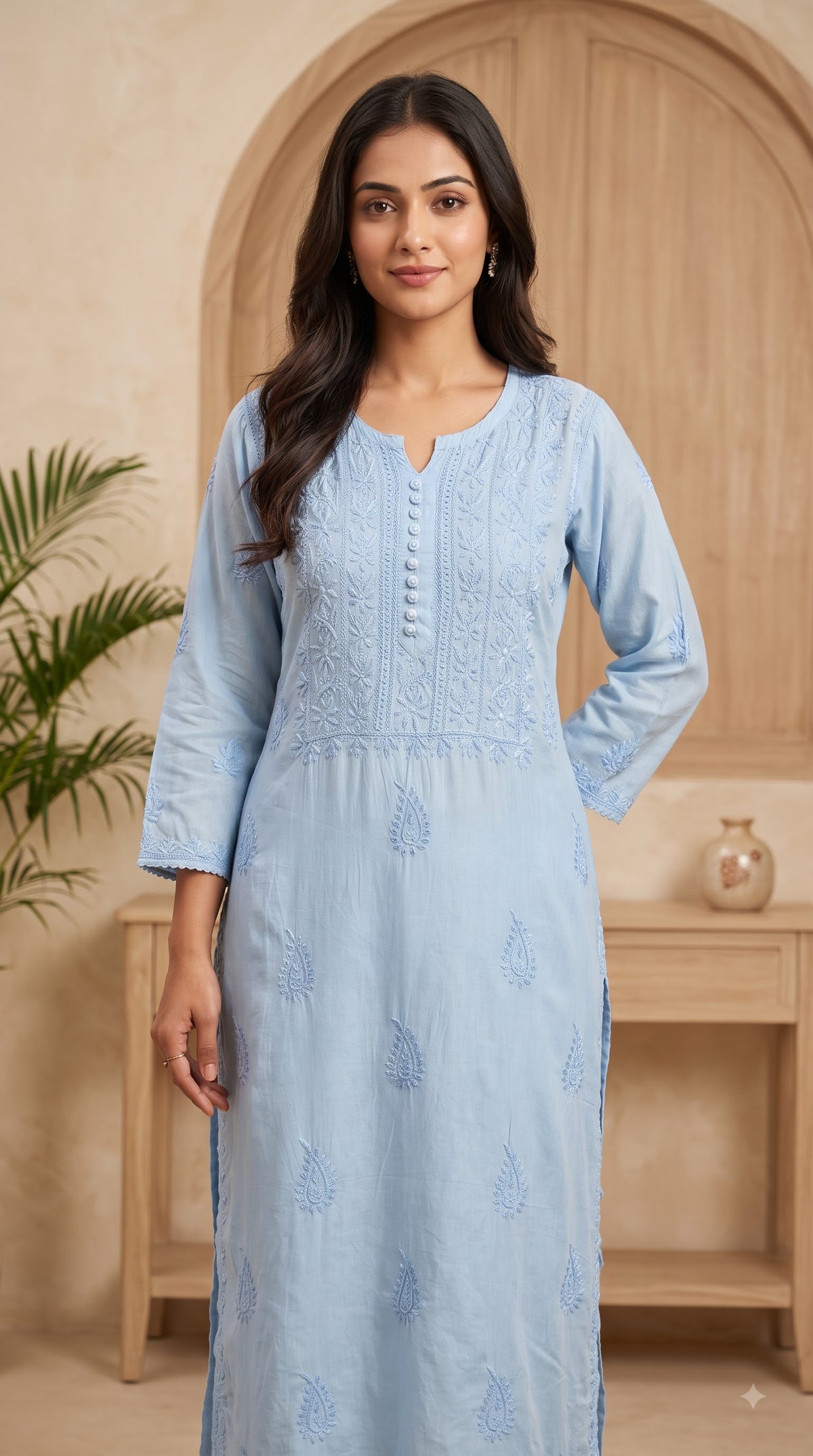 Muslin Chikankari Solid Women's Long Kurta - Blue