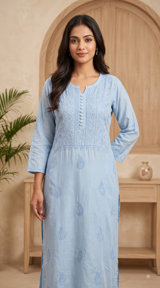 Muslin Chikankari Solid Women's Long Kurta - Blue