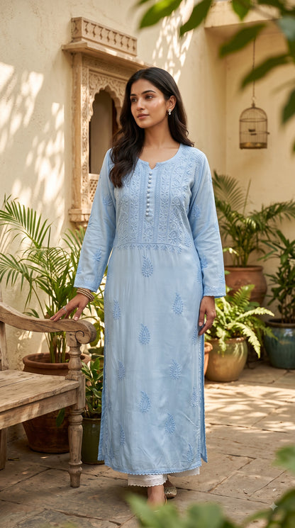 Muslin Chikankari Solid Women's Long Kurta - Blue