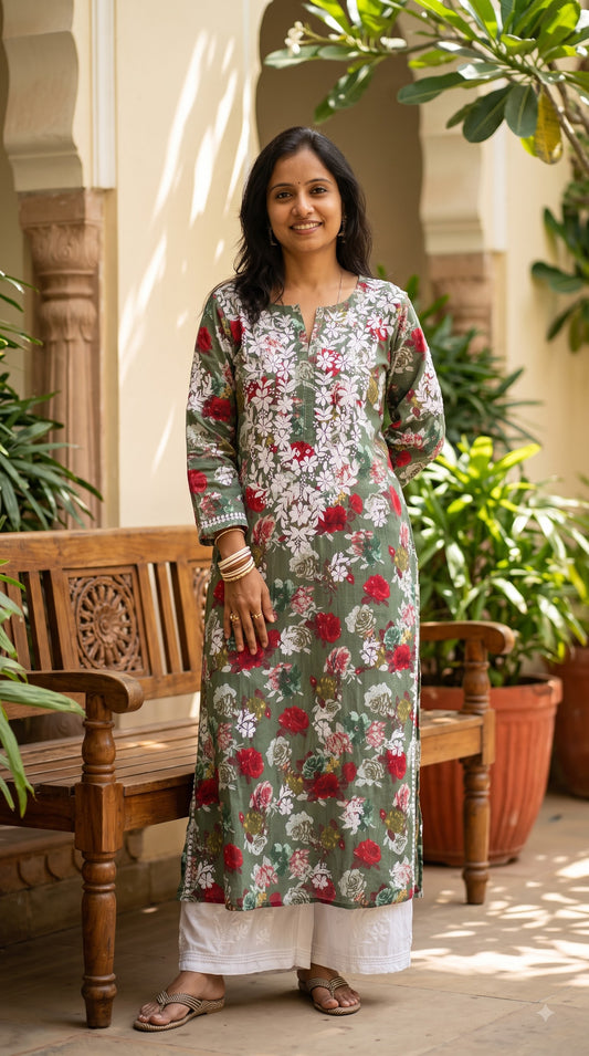 Mul Cotton Chikankari Printed Women's Long Kurta - Green