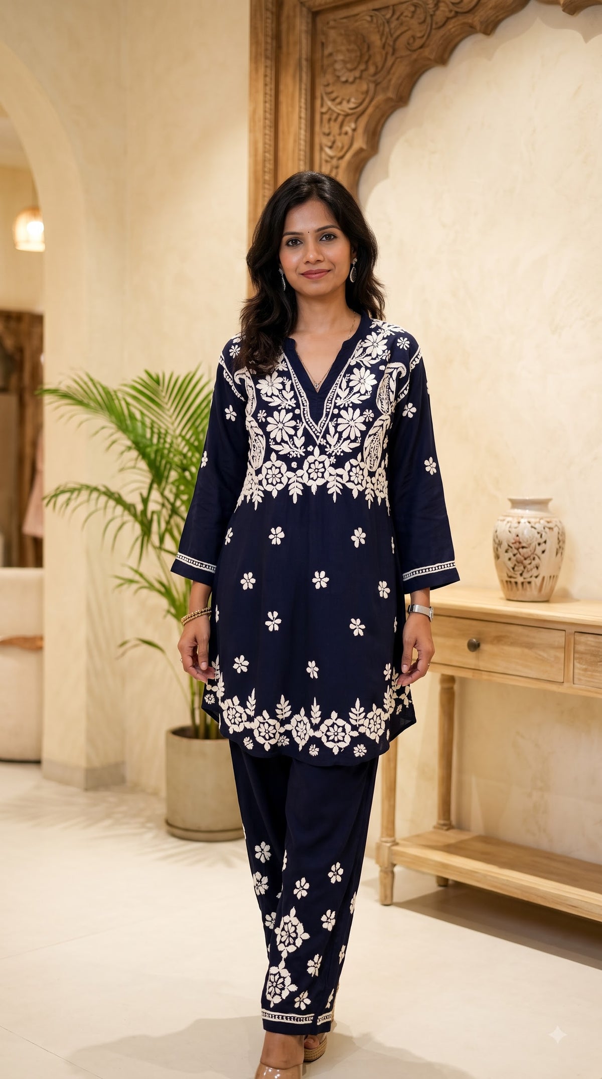 Modal 3D Chikankari Co-ord Set - Navi Blue