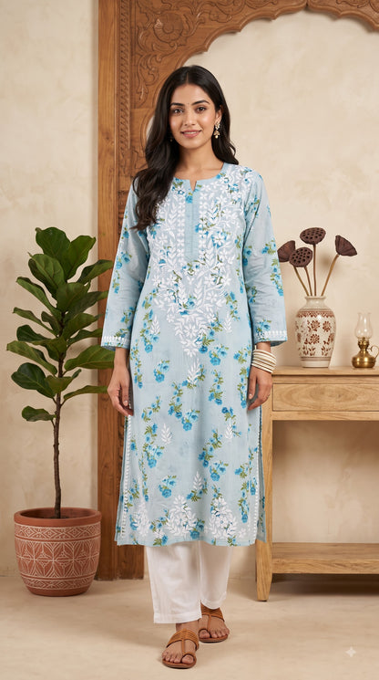 Mul Cotton Chikankari Printed Women's Long Kurta - Blue