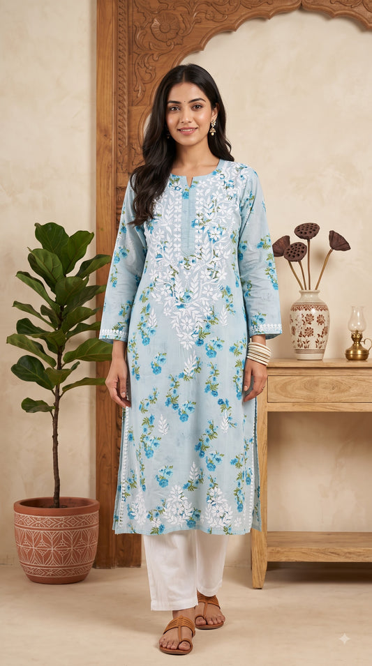 Mul Cotton Chikankari Printed Women's Long Kurta - Blue