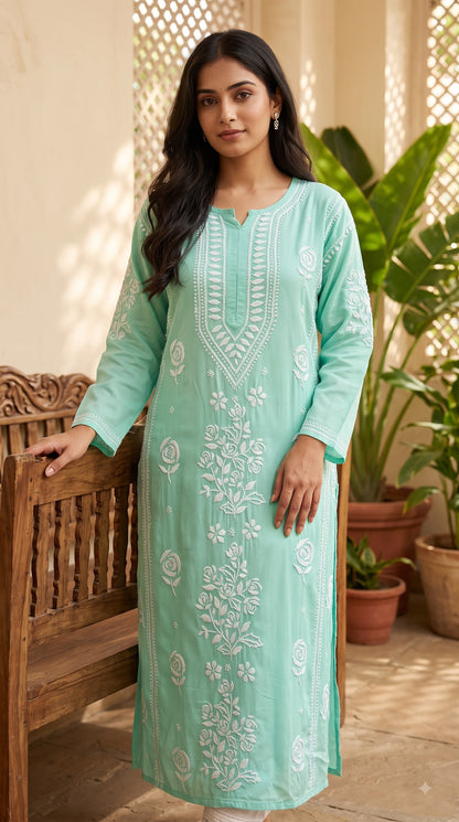 Rayon 3D Rose Chikankari Long Kurta - Green