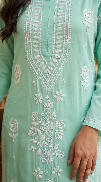 Rayon 3D Rose Chikankari Long Kurta - Green