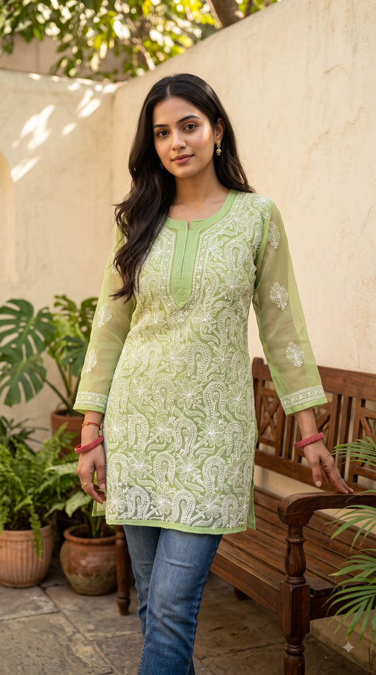 Georgette Chikankari Women's Short Kurta with Inner - Green