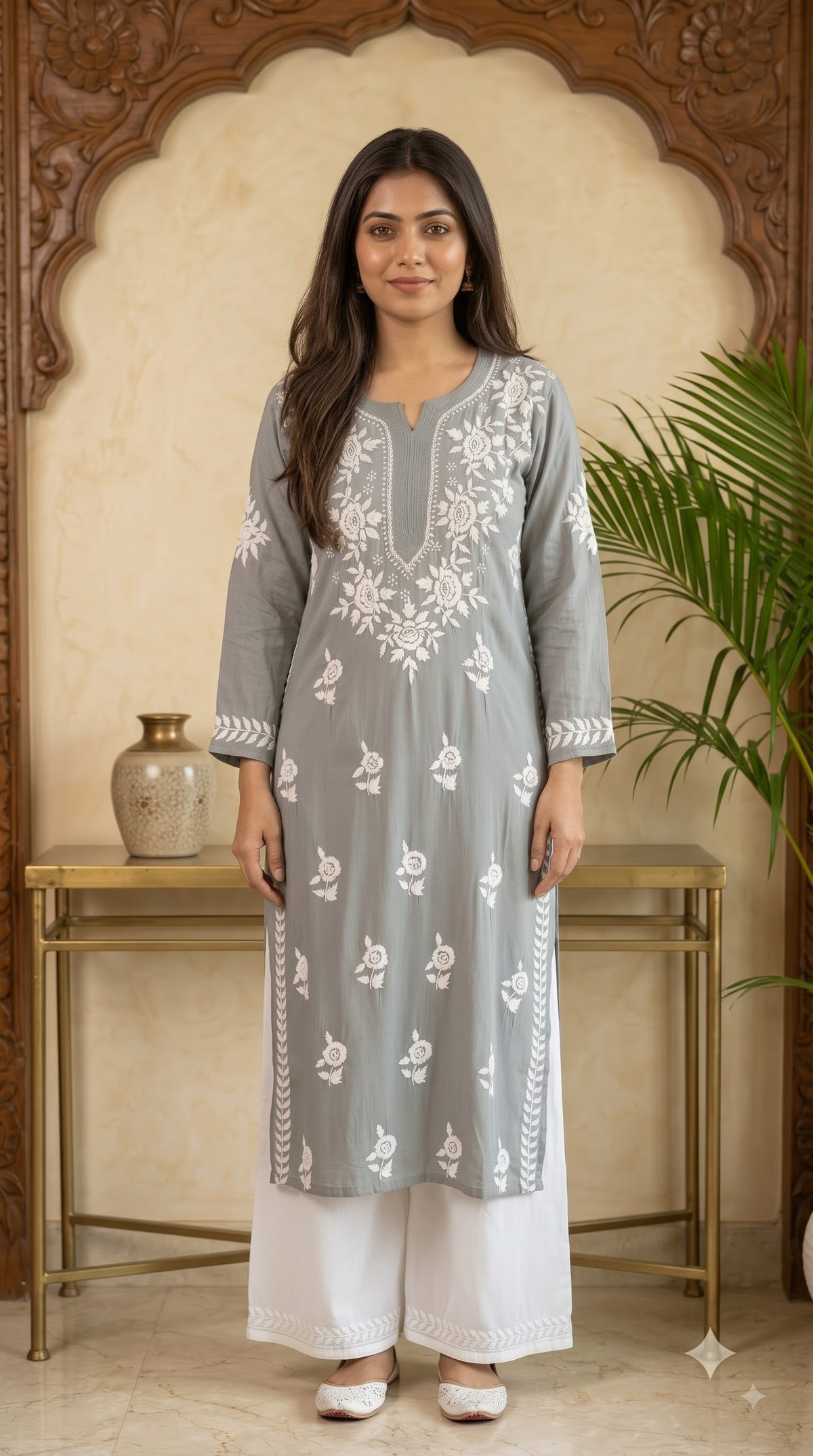 Modal Chikankari Women's Long Kurta - Grey