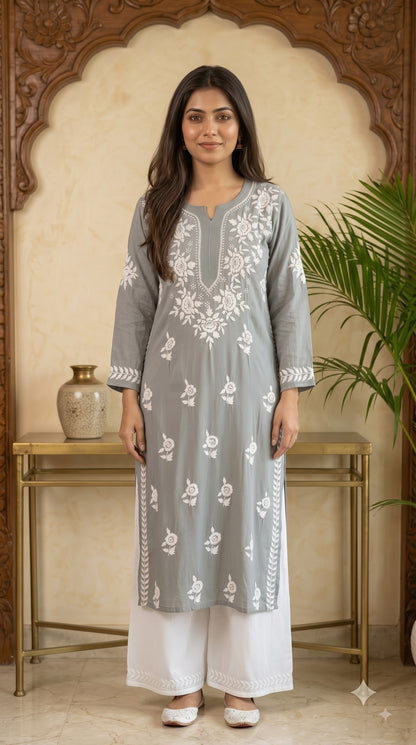 Modal Chikankari Women's Long Kurta - Grey