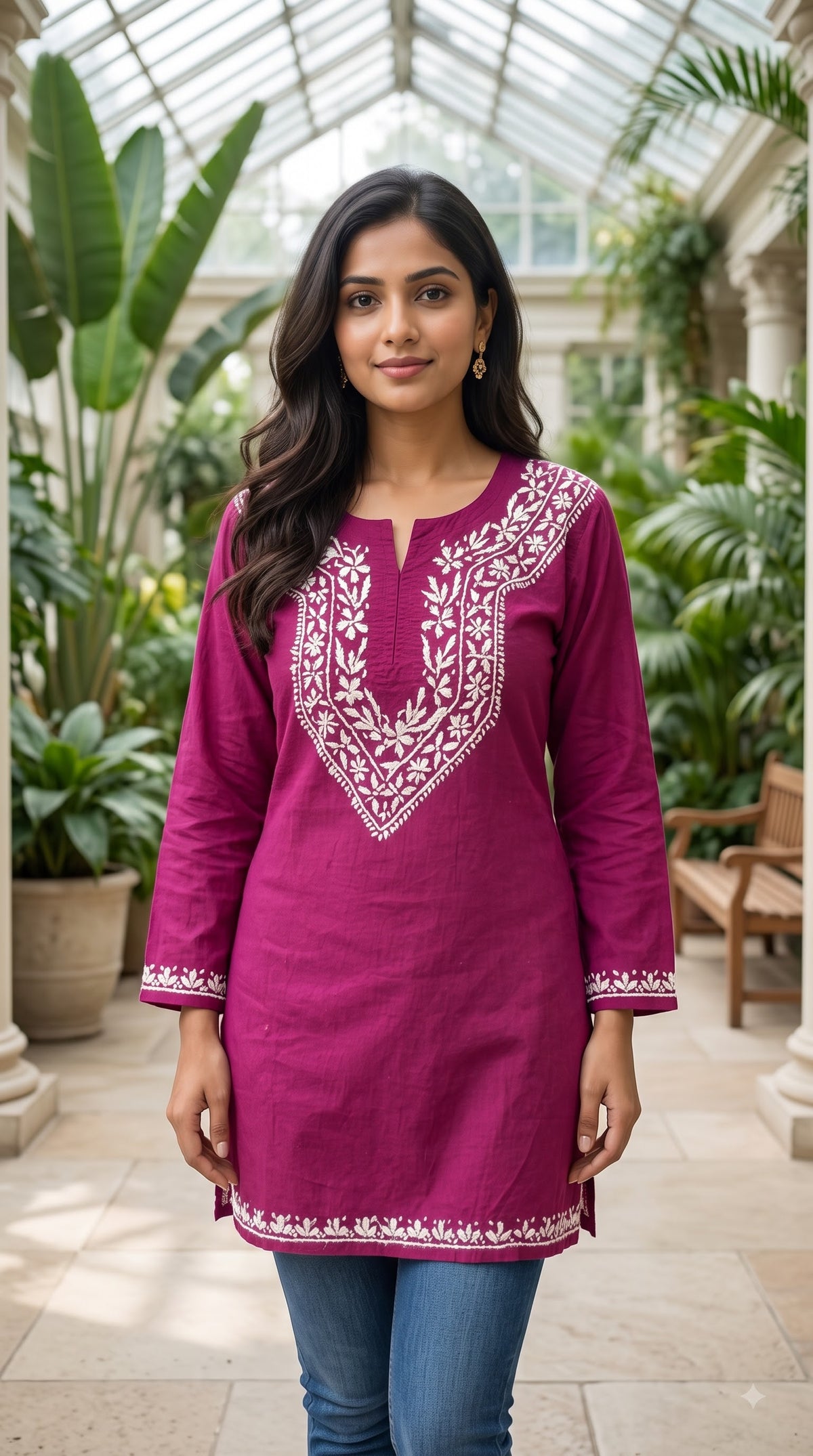 Cotton Chikankari Women's Short Kurta - Wine