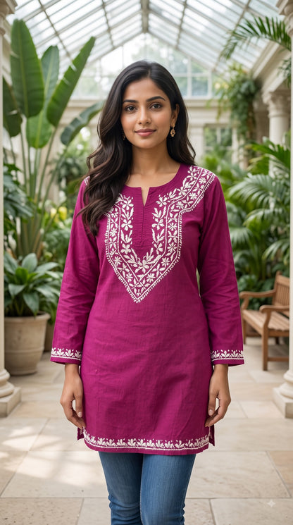 Cotton Chikankari Women's Short Kurta - Wine