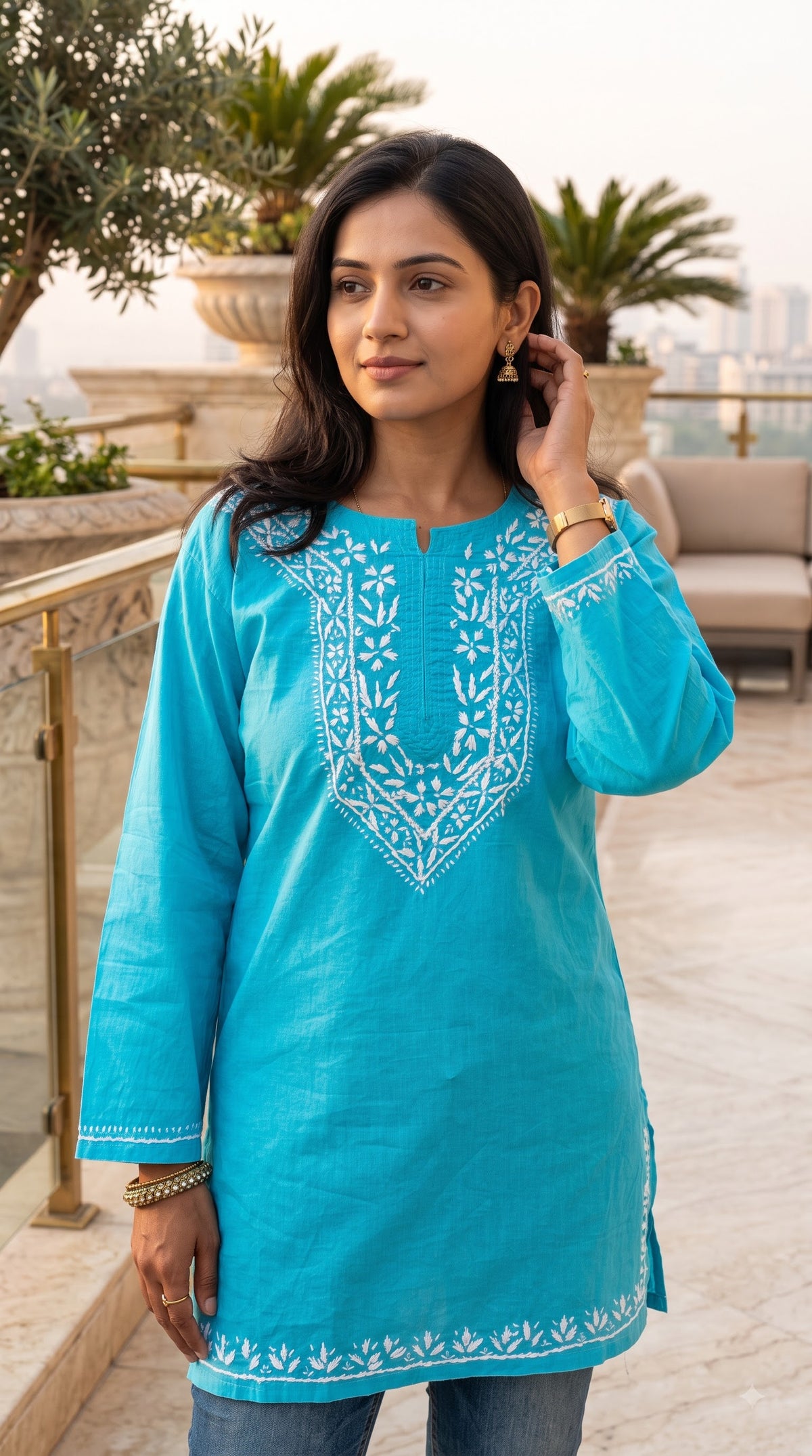 Cotton Chikankari Women's Short Kurta - Blue